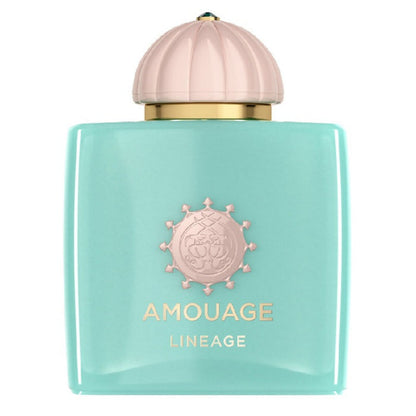 A turquoise-colored bottle of Amouage Lineage Eau de Parfum with a decorative cap.