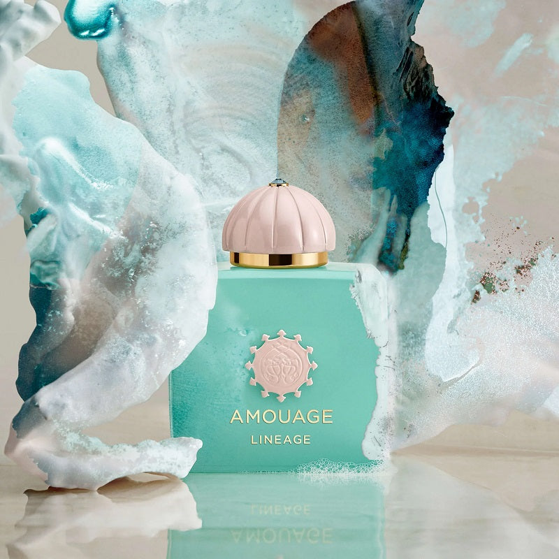 Promotional Image of Amouage Lineage bottle wrapped in floral decoration 
