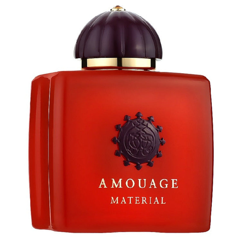 A red bottle of Amouage Material Eau de Parfum with a black cap and the brand's logo on the front.