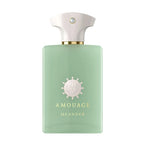 A green bottle of Amouage Meander Eau de Parfum with a white cap and label featuring the brand name and fragrance name.