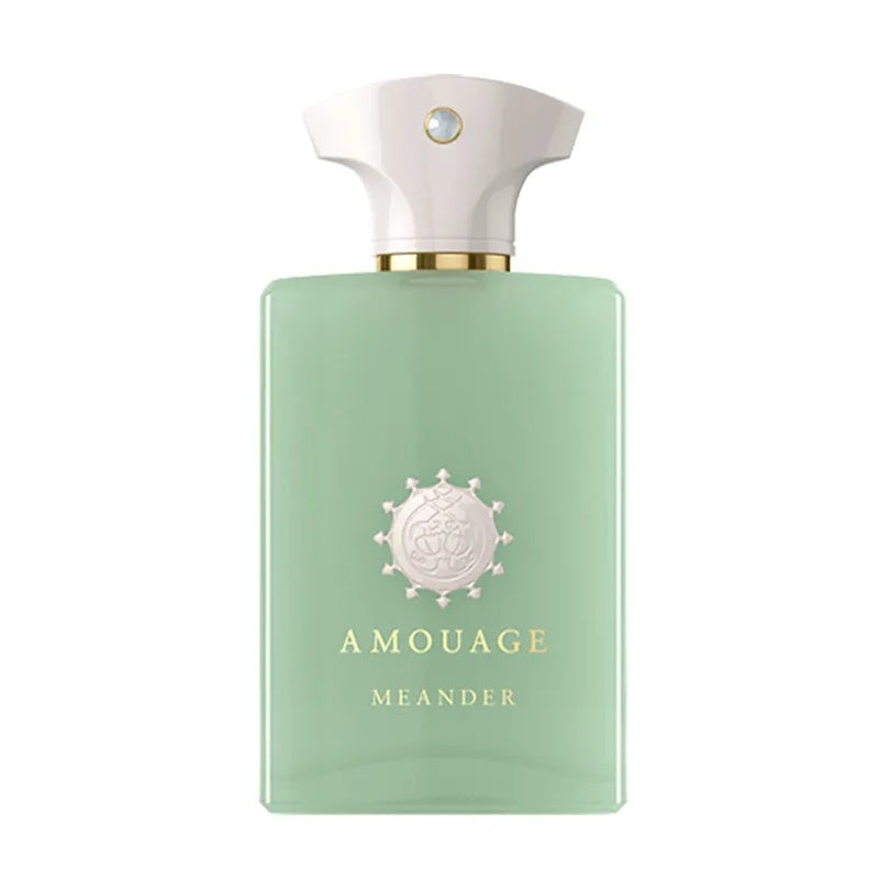 A green bottle of Amouage Meander Eau de Parfum with a white cap and label featuring the brand name and fragrance name.