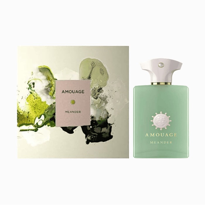Product image showing the bottle of Meander 100ml Eau De Parfum by Amouage on the right, with an abstract design on the left.
