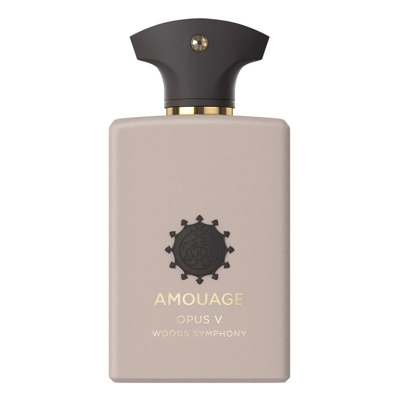 
Amouage Opus V Woods Symphony 100ml Eau de Parfum bottle – luxurious ivory design with Black Cap and  gold detailing.
