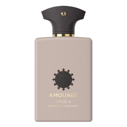 
Amouage Opus V Woods Symphony 100ml Eau de Parfum bottle – luxurious ivory design with Black Cap and  gold detailing.
