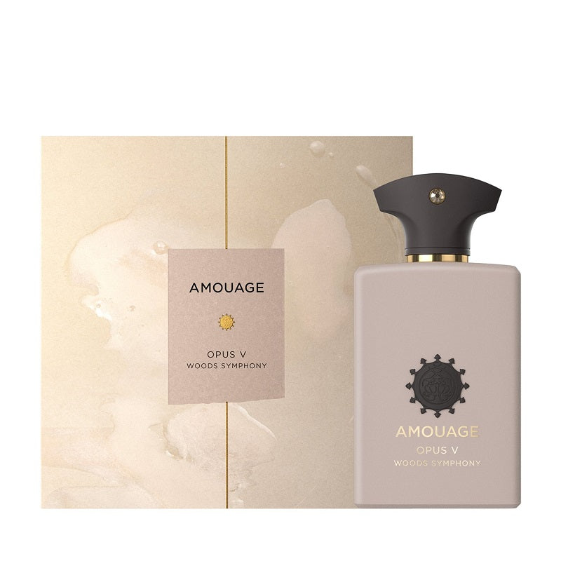 Amouage Opus V Woods Symphony perfume bottle and box set – elegant design representing the Library Collection.