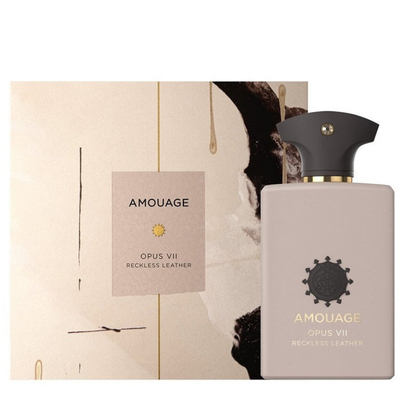 A product image featuring a 100ml bottle of Amouage Opus VII Reckless Leather Eau De Parfum, with a beige and black packaging. The bottle has a black cap and a label with the brand and product name.