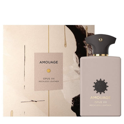 A product image featuring a 100ml bottle of Amouage Opus VII Reckless Leather Eau De Parfum, with a beige and black packaging. The bottle has a black cap and a label with the brand and product name.
