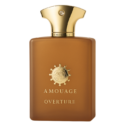 Amouage Overture perfume bottle with gold cap and logo on a white background