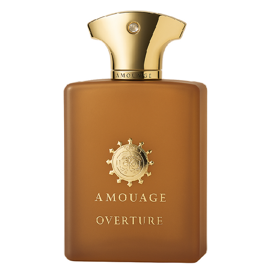 Amouage Overture perfume bottle with gold cap and logo on a white background