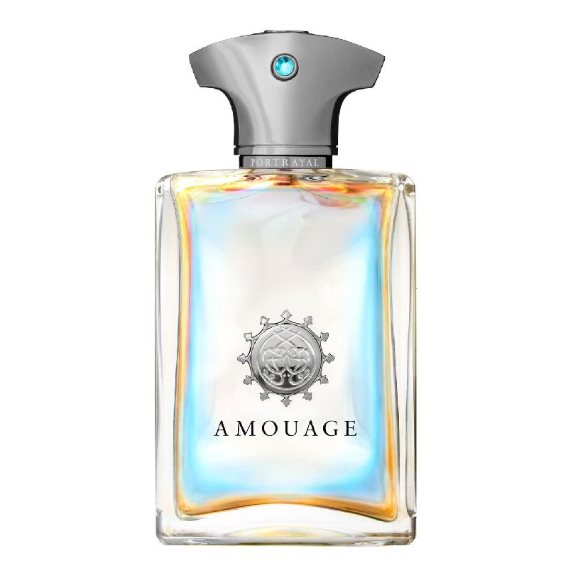 Amouage Portrayal Man 100ml Eau de Parfum bottle – sleek silver-blue design with intricate detailing