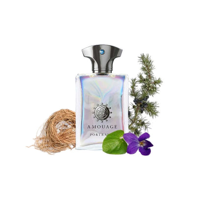 Close-up of Amouage Portrayal Man perfume bottle showing images of Ingredients