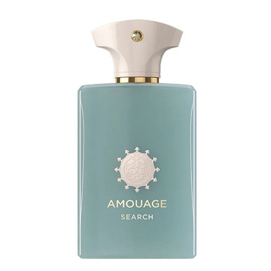 A bottle of Amouage Search Eau de Parfum with label and cap visible, predominantly in clear gradient color range.