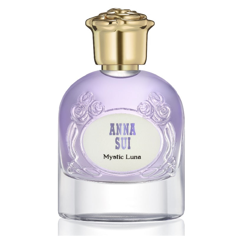 Anna Sui Mystic Luna perfume bottle with gold cap on a white background