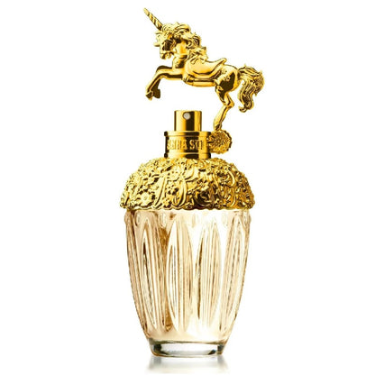 Gold perfume bottle with unicorn design on a white background