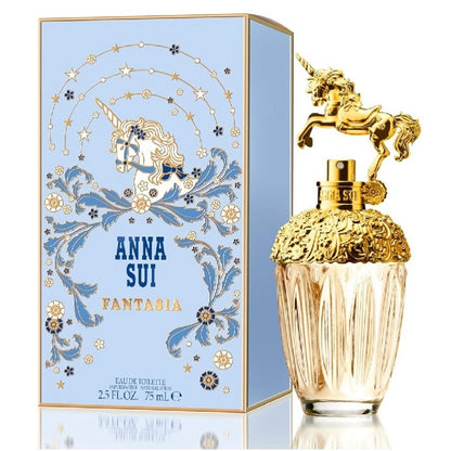 Anna Sui Fantasia perfume bottle and packaging with unicorn design on a light blue background