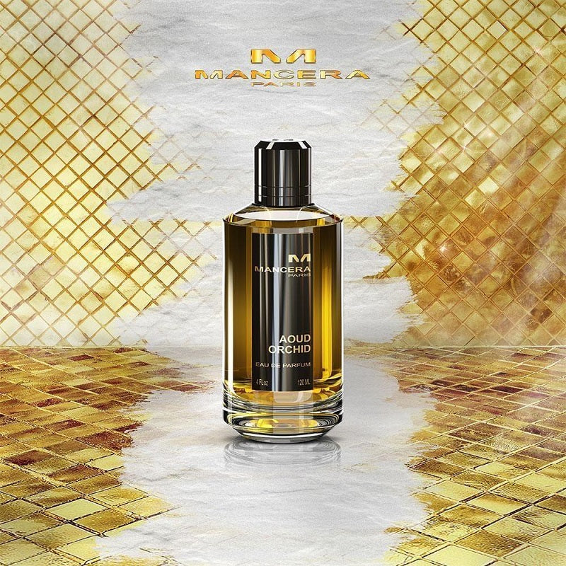 Mancera Aoud Orchid perfume bottle on a decorative background