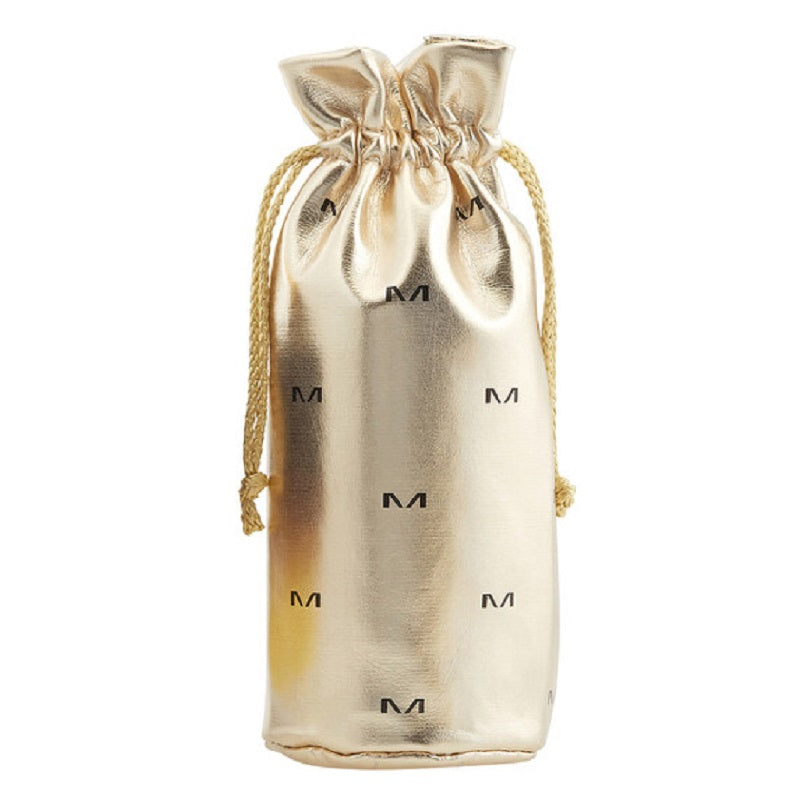 Gold drawstring pouch with 'M' branding on a white background