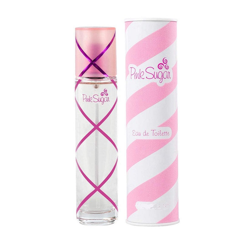 A bottle of Pink Sugar Eau de Toilette by Aquolina with a pink cap and a white cylindrical container decorated with pink stripes.