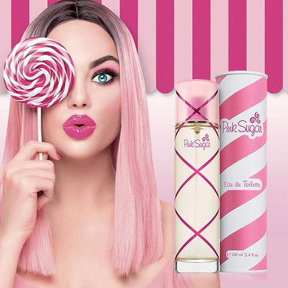 A promotional image featuring a woman with pink hair holding a pink lollipop, alongside two bottles of 'Pink Sugar' Eau de Toilette by Aquolina.