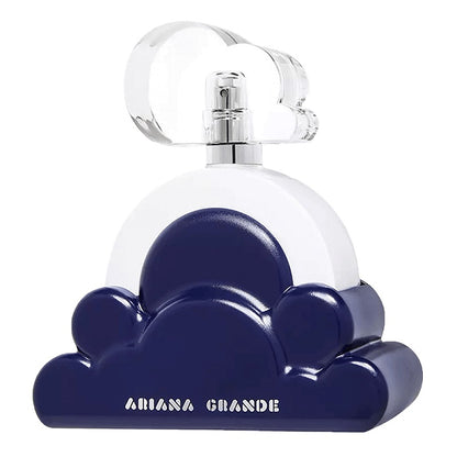 Perfume bottle with cloud design and 'Ariana Grande' branding on a white background