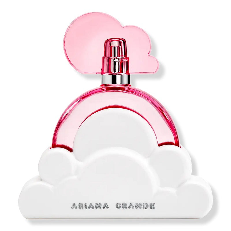 A bottle of Cloud Pink Eau de Parfum by Ariana Grande with a pink cap and a white cloud-shaped base.