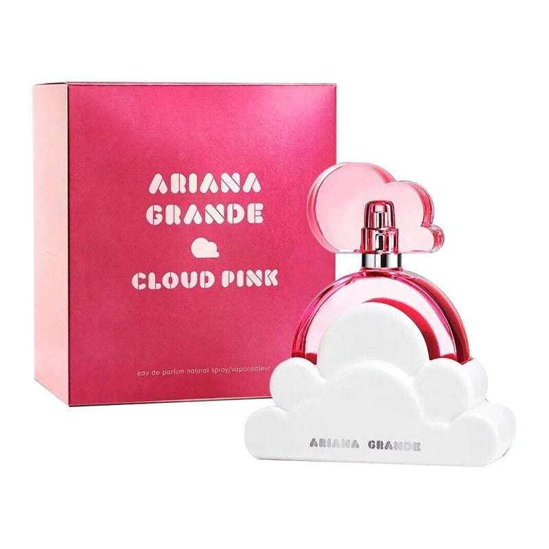 Ariana Grande Cloud Pink perfume bottle designed to look like a cloud, with a pink and white box in the background that has 'Ariana Grande' and 'Cloud Pink' written on it.