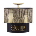 Perfume bottle with gold and black design on a white background