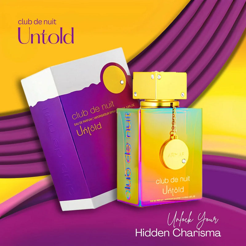 Perfume bottle and packaging of 'club de nuit Untold' on a colorful background