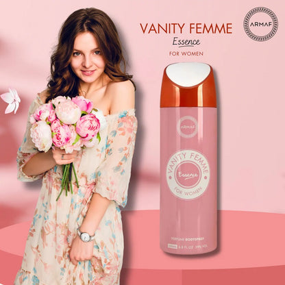 Woman holding flowers next to a 'Vanity Femme' perfume bottle on a pink background
