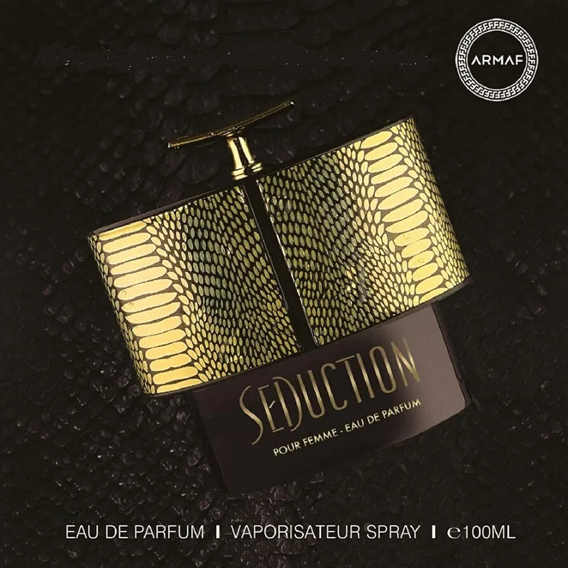 Gold and black Armaf Seduction perfume bottle on a textured black background
