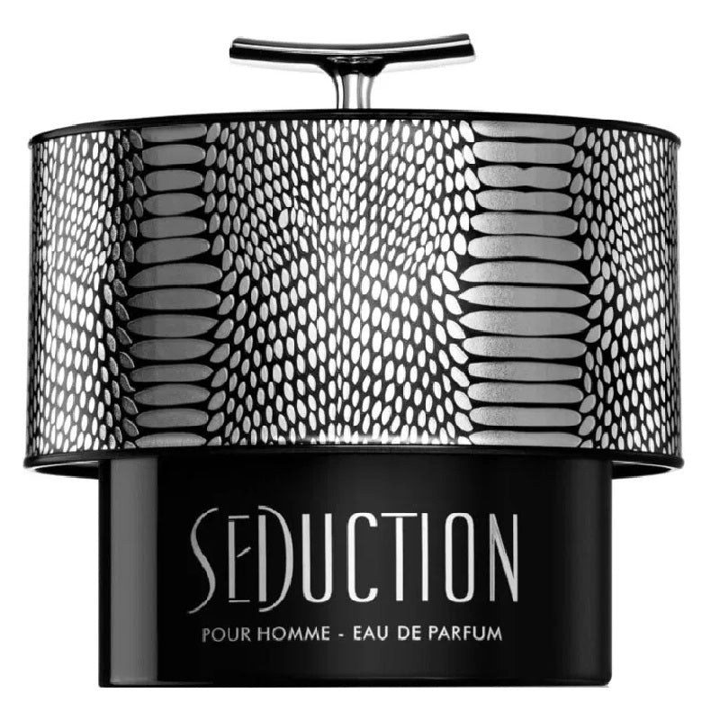 Black and silver patterned perfume bottle labeled 'Seduction' on a white background
