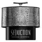 Black and silver patterned perfume bottle labeled 'Seduction' on a white background