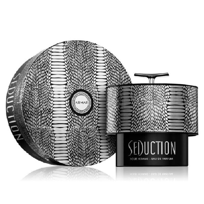 Armani Seduction perfume packaging with black and white design on a white background