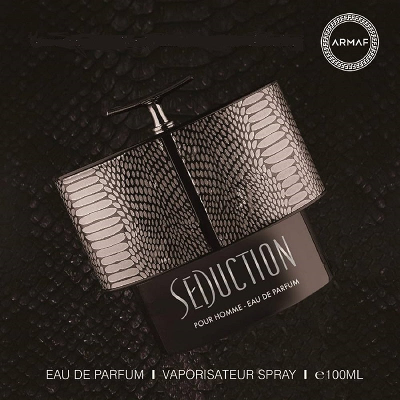 Snake skin patterned Armaf Seduction pour homme perfume bottle on a dark textured background
