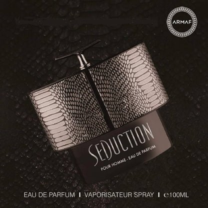 Snake skin patterned Armaf Seduction pour homme perfume bottle on a dark textured background