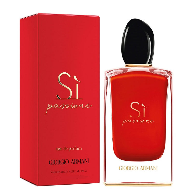 Red Giorgio Armani Si Passione perfume bottle and packaging on a white background