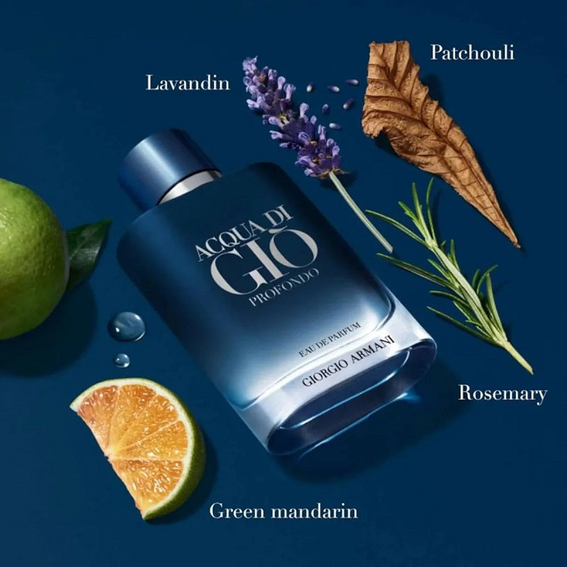 Acqua di Giò Profondo perfume bottle with lavender, rosemary, and green mandarin on a blue background