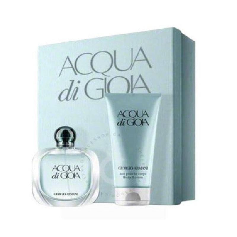 Acqua di Gioia perfume set with bottle and body lotion on a white background