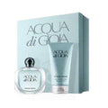 Acqua di Gioia perfume set with bottle and body lotion on a white background