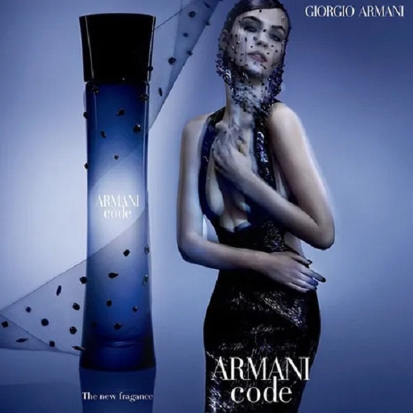 Giorgio Armani Armani Code perfume bottle with a model wearing a black dress against a blue background