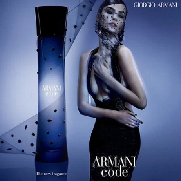 Giorgio Armani Armani Code perfume bottle with a model in a black dress against a blue background