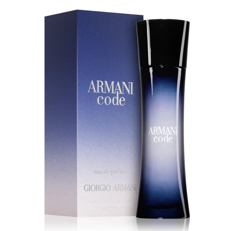 Armani Code perfume bottle and packaging on a white background