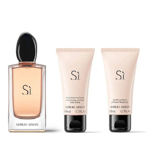 Giorgio Armani Si perfume and body lotion set on a white background
