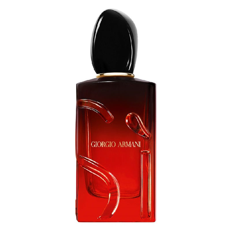 Red Giorgio Armani perfume bottle on a white background