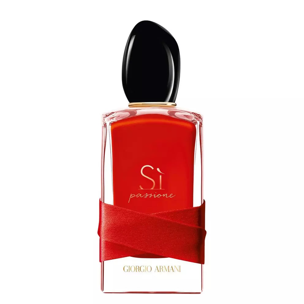 Red Giorgio Armani perfume bottle with black cap on a white background
