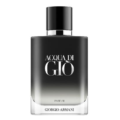 A black bottle of Acqua Di Gio Parfum by Giorgio Armani with white and silver text indicating the brand and product name.