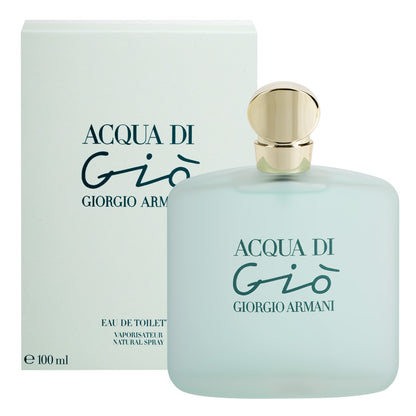 A product image featuring a 100ml bottle of Acqua Di Gio Pour Femme Eau de Toilette by Giorgio Armani, with a gold-colored cap, placed next to its packaging box.