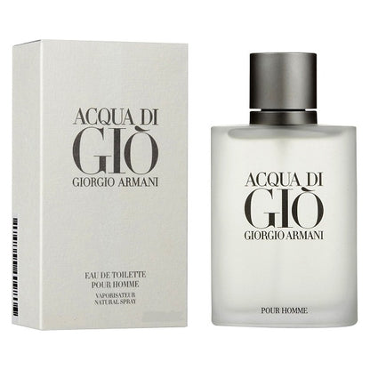 The image shows a product packaging and bottle for Acqua Di Gio Pour Homme by Giorgio Armani. The packaging is predominantly white with black text and design elements.