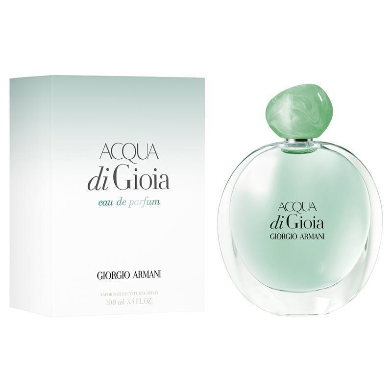 Giorgio Armani Acqua Di Gioia 100ml perfume bottle displayed beside its matching aqua-toned box.