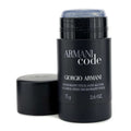 Giorgio Armani Code Black deodorant stick, 75g, with the cap removed, displaying the product name and weight on the front.